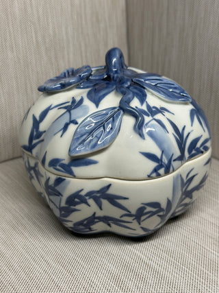 Vintage Blue and White Porcelain Pumpkin Trinket Box - Lidded Ceramic Candy Dish with Dimensional Flower Stem