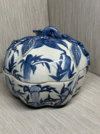 Vintage Blue and White Porcelain Pumpkin Trinket Box - Lidded Ceramic Candy Dish with Dimensional Flower Stem