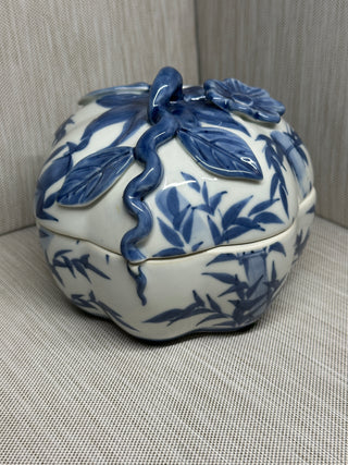 Vintage Blue and White Porcelain Pumpkin Trinket Box - Lidded Ceramic Candy Dish with Dimensional Flower Stem