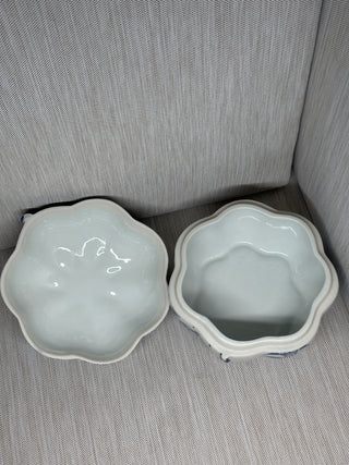 Vintage Blue and White Porcelain Pumpkin Trinket Box - Lidded Ceramic Candy Dish with Dimensional Flower Stem