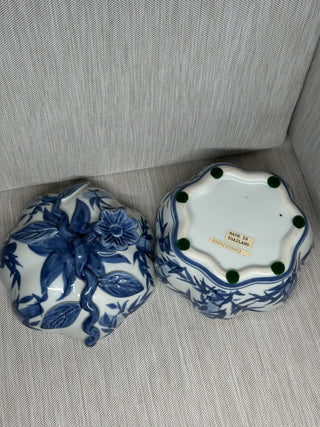 Vintage Blue and White Porcelain Pumpkin Trinket Box - Lidded Ceramic Candy Dish with Dimensional Flower Stem