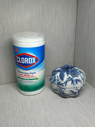 Vintage Blue and White Porcelain Pumpkin Trinket Box - Lidded Ceramic Candy Dish with Dimensional Flower Stem