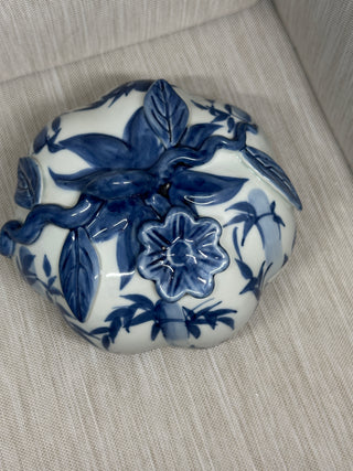Vintage Blue and White Porcelain Pumpkin Trinket Box - Lidded Ceramic Candy Dish with Dimensional Flower Stem