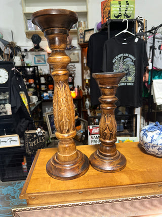 Set of 2 Hand-Carved Wooden Pillar Candle Holders