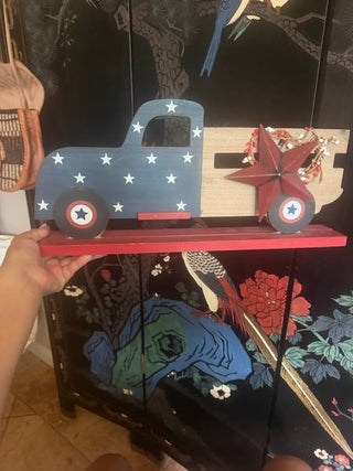 Red white blue wooden Truck with metal star stand approx 18" long