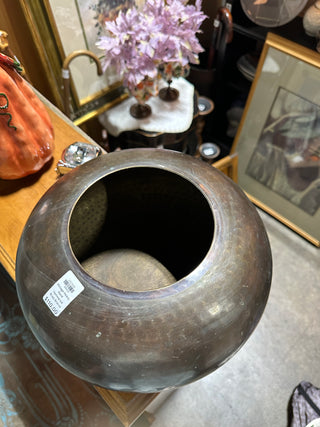 Vintage Hand-Hammered Brass Orb Vase with Stepped Ring Neck & Fitted Collar, 11" x 7"