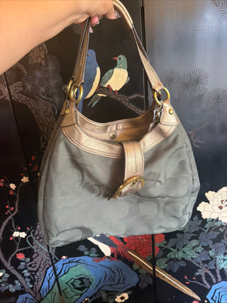 Coach F17396 Medium Vintage Soho Green & Gold Signature Canvas & Leather HOBO