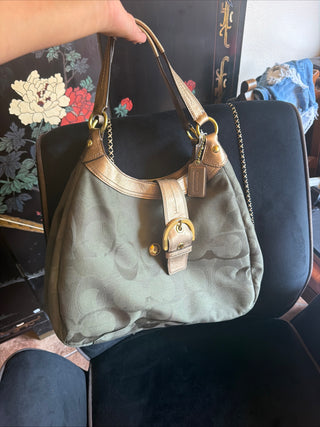 Coach F17396 Medium Vintage Soho Green & Gold Signature Canvas & Leather HOBO