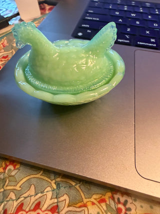 Jade Green Glass Mini Hen on Nest covered dish chicken trinket box