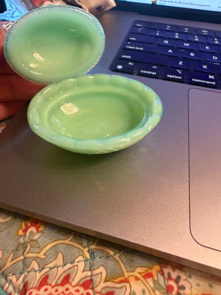 Jade Green Glass Mini Hen on Nest covered dish chicken trinket box
