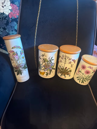Set of 4 Portmeirion England Canisters Airtight Botanical Herbs Wood covers