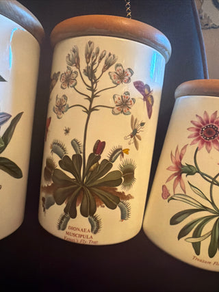 Set of 4 Portmeirion England Canisters Airtight Botanical Herbs Wood covers