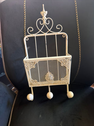 Vintage Metal Decor. White Ornate Wall hanging basket 3 glass ball hooks