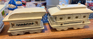 Vtg. white porcelain, 3 piece xmas train  set w/holly decor