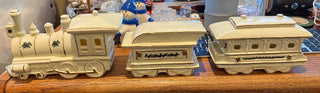 Vtg. white porcelain, 3 piece xmas train  set w/holly decor