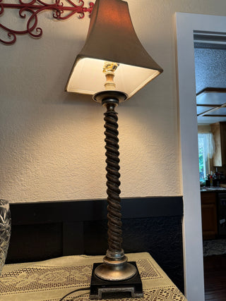 Vintage Spindle Lanp with Gold Accents and soft B own Shade  38 inches tall