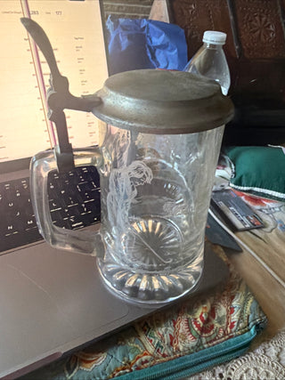 Vintage Geman heavy etched glass stein with aluminum lid , Golf theme with golfers