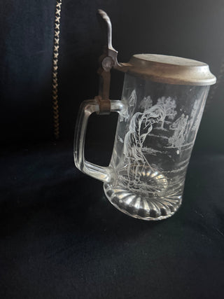 Vintage Geman heavy etched glass stein with aluminum lid , Golf theme with golfers