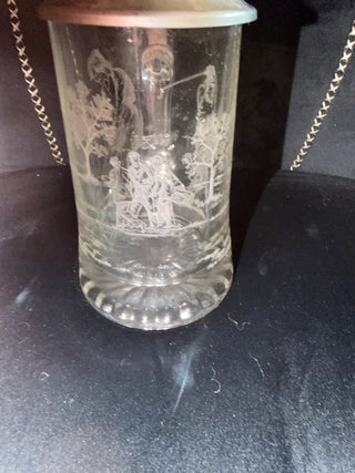 Vintage Geman heavy etched glass stein with aluminum lid , Golf theme with golfers