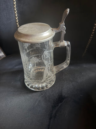 Vintage Geman heavy etched glass stein with aluminum lid , Golf theme with golfers