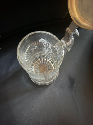Vintage Geman heavy etched glass stein with aluminum lid , Golf theme with golfers