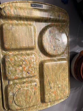 Vintage Prolon Ware Marbled Divided Cafeteria Tray – Retro 1970s Green & Orange