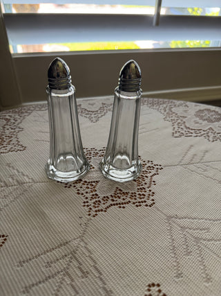 Vintage tower Clear Glass Salt and Pepper Shakers with Silver lids - sold as set of 2