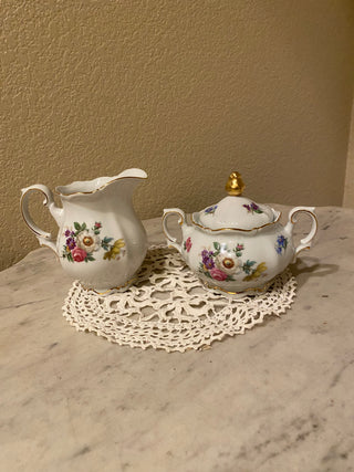 Rare porcelain floral sugar bowl and creamer RCD