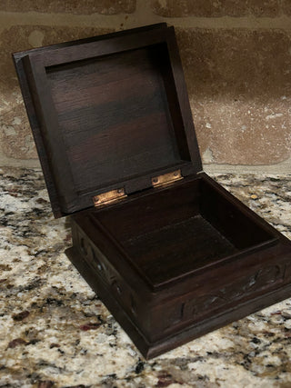 Wooden Trinket Box with Bird and Leaves Carving