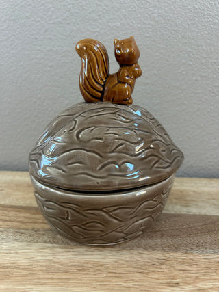 Ceramic Squirrel on Walnut Lidded Dish