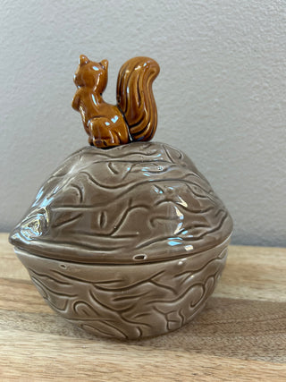 Ceramic Squirrel on Walnut Lidded Dish
