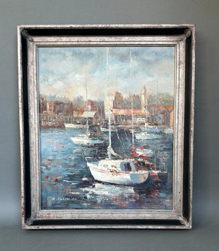 Large Original Oil Painting, Harbor at Morning — Signed R. Casimiro, 20 x 24 Canvas, Silver Gilt Frame