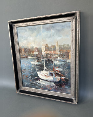 Large Original Oil Painting, Harbor at Morning — Signed R. Casimiro, 20 x 24 Canvas, Silver Gilt Frame