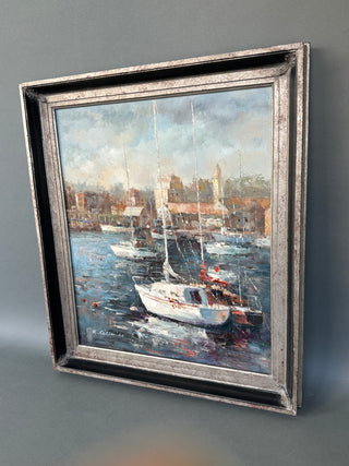 Large Original Oil Painting, Harbor at Morning — Signed R. Casimiro, 20 x 24 Canvas, Silver Gilt Frame