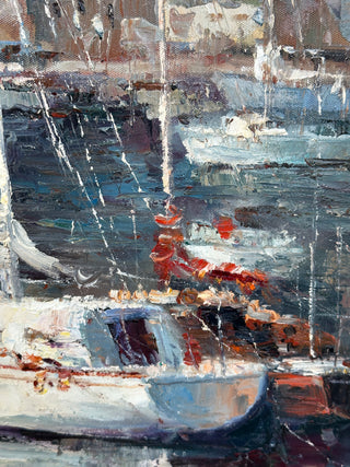 Large Original Oil Painting, Harbor at Morning — Signed R. Casimiro, 20 x 24 Canvas, Silver Gilt Frame