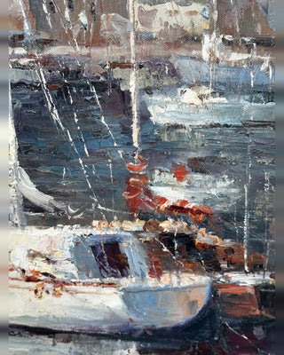 Large Original Oil Painting, Harbor at Morning — Signed R. Casimiro, 20 x 24 Canvas, Silver Gilt Frame