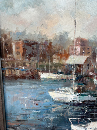 Large Original Oil Painting, Harbor at Morning — Signed R. Casimiro, 20 x 24 Canvas, Silver Gilt Frame