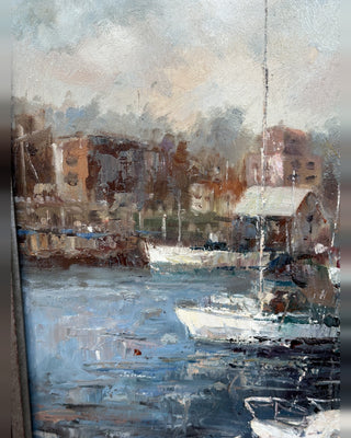 Large Original Oil Painting, Harbor at Morning — Signed R. Casimiro, 20 x 24 Canvas, Silver Gilt Frame