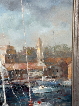 Large Original Oil Painting, Harbor at Morning — Signed R. Casimiro, 20 x 24 Canvas, Silver Gilt Frame