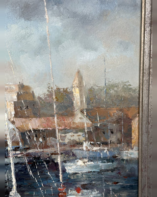 Large Original Oil Painting, Harbor at Morning — Signed R. Casimiro, 20 x 24 Canvas, Silver Gilt Frame