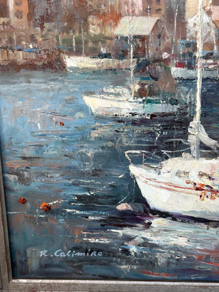 Large Original Oil Painting, Harbor at Morning — Signed R. Casimiro, 20 x 24 Canvas, Silver Gilt Frame