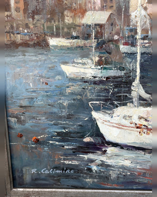 Large Original Oil Painting, Harbor at Morning — Signed R. Casimiro, 20 x 24 Canvas, Silver Gilt Frame