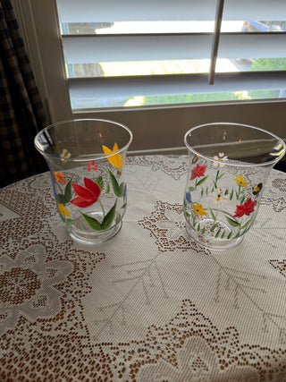Vintage Floral Painted Glass Votive Holders - sold as set of 2 / 5.5 inches tall