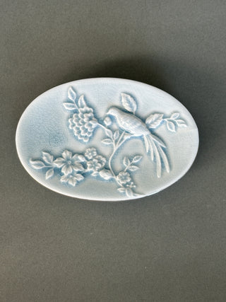 Vintage Blue Crackle Glaze Ceramic Soap Dish – Chinoiserie Bird & Floral Relief