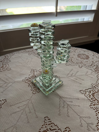 Vintages Stacked Art Glass Squares Cactus with two white flowers