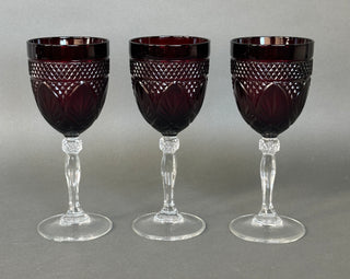 Set of 3 Ruby Red Pressed Glass Wine Goblets with Clear Knopped Stems, 7.75”