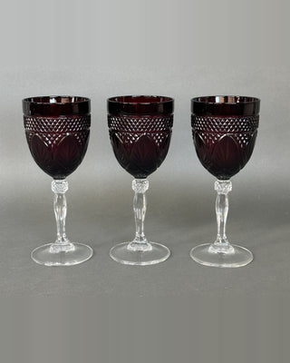 Set of 3 Ruby Red Pressed Glass Wine Goblets with Clear Knopped Stems, 7.75”