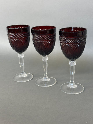 Set of 3 Ruby Red Pressed Glass Wine Goblets with Clear Knopped Stems, 7.75”