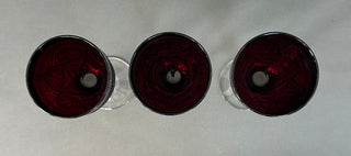 Set of 3 Ruby Red Pressed Glass Wine Goblets with Clear Knopped Stems, 7.75”