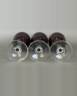 Set of 3 Ruby Red Pressed Glass Wine Goblets with Clear Knopped Stems, 7.75”